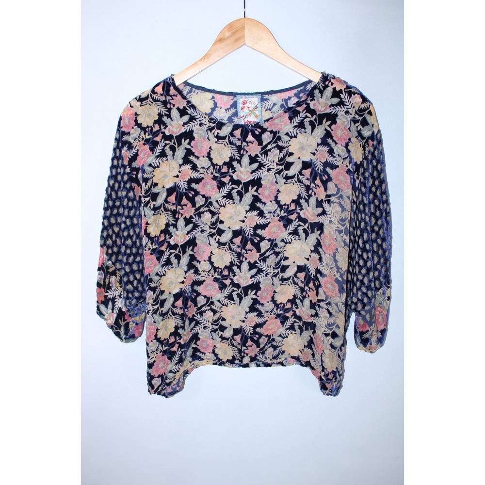 Johnny Was Women's Small Multicolor Semi Sheer Velour Floral Blouse